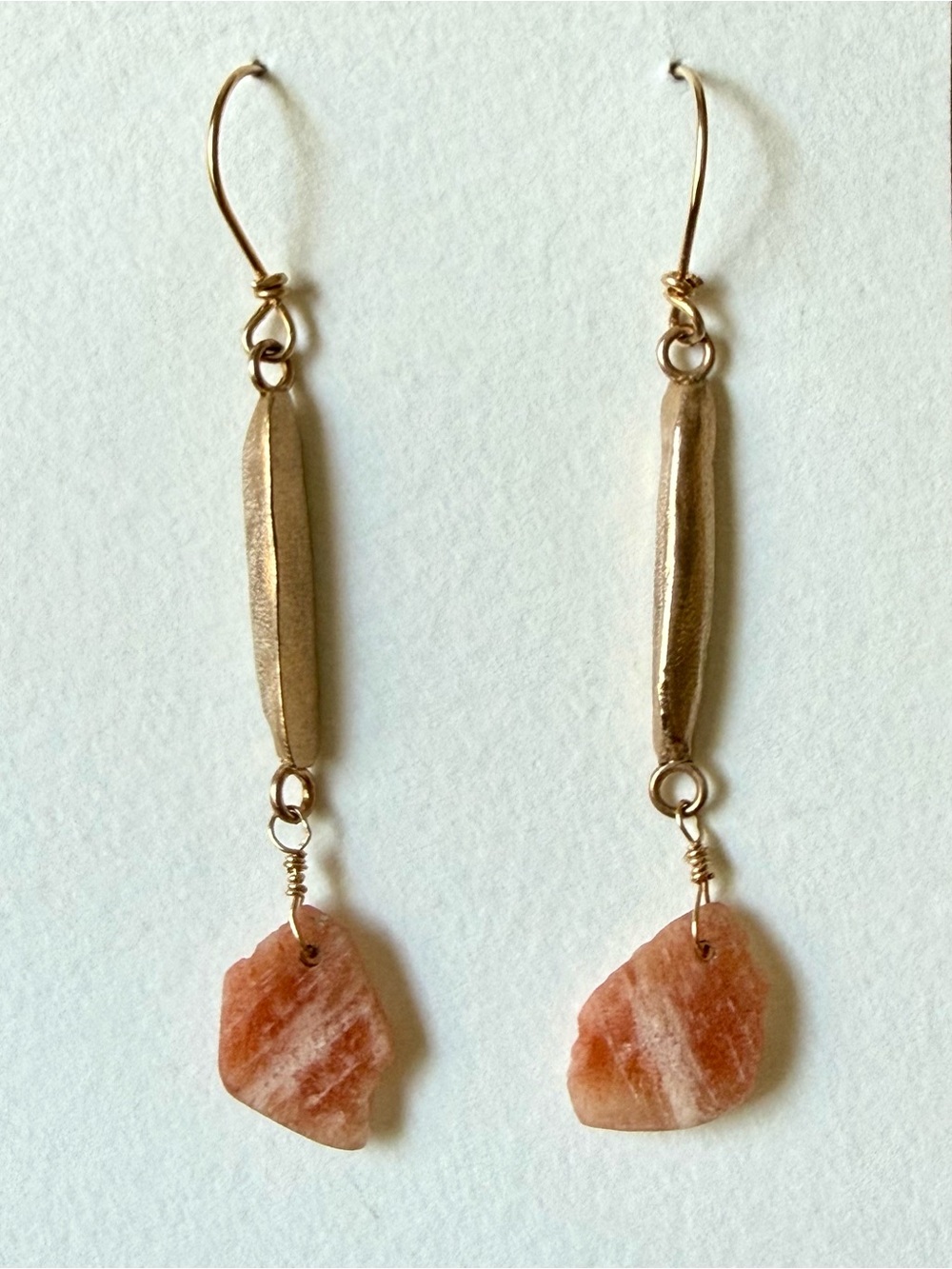 Bronze and gold fill Drop Earrings with Pink Peach Sunstone Slices, handmade